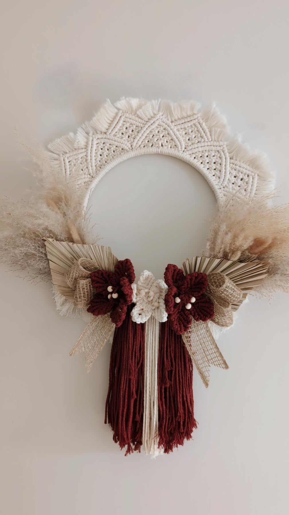 Large Macrame & Pampas Grass Indoor Wreath, Bohemian Home Decor