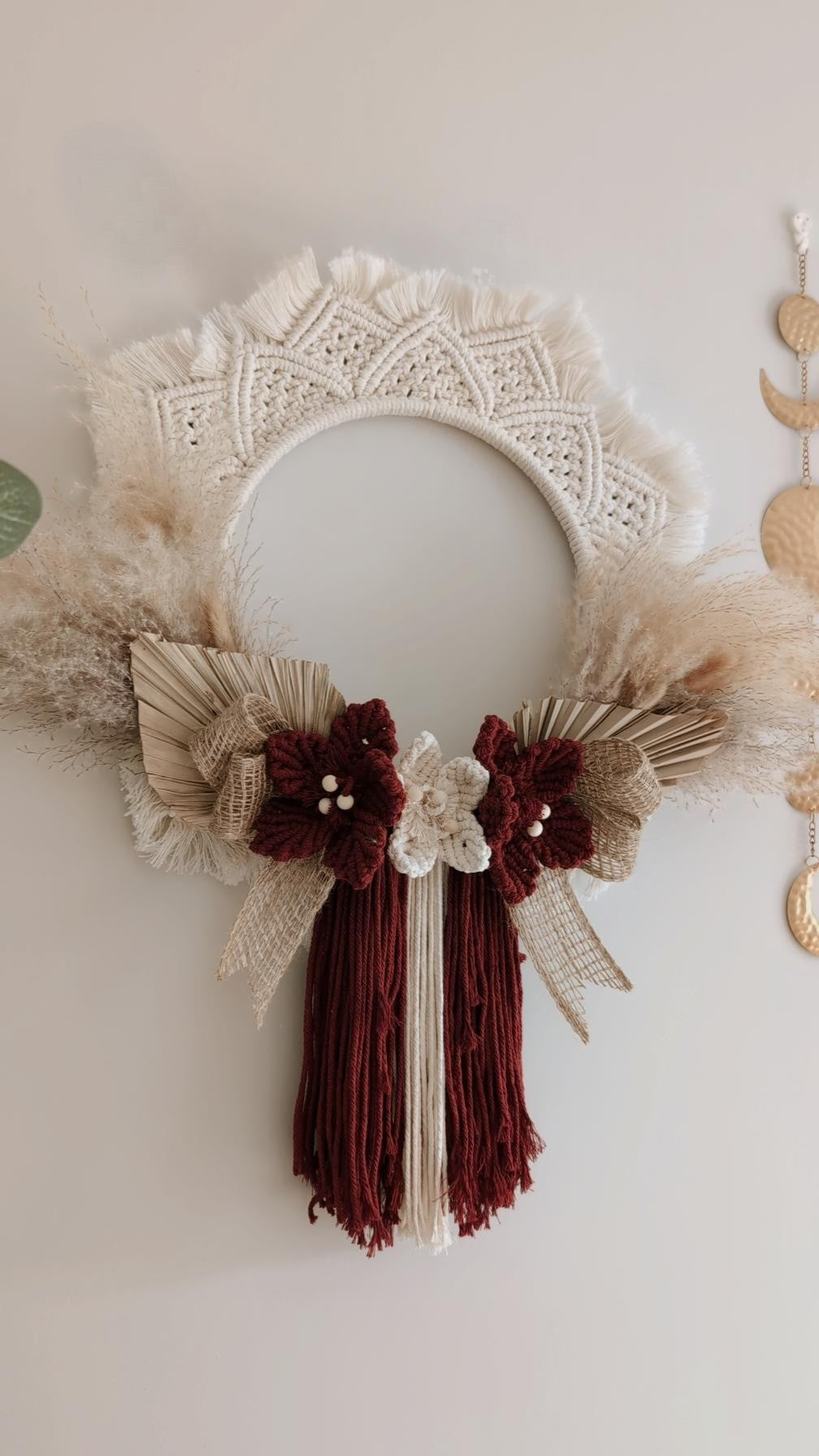 Large Macrame & Pampas Grass Indoor Wreath, Bohemian Home Decor