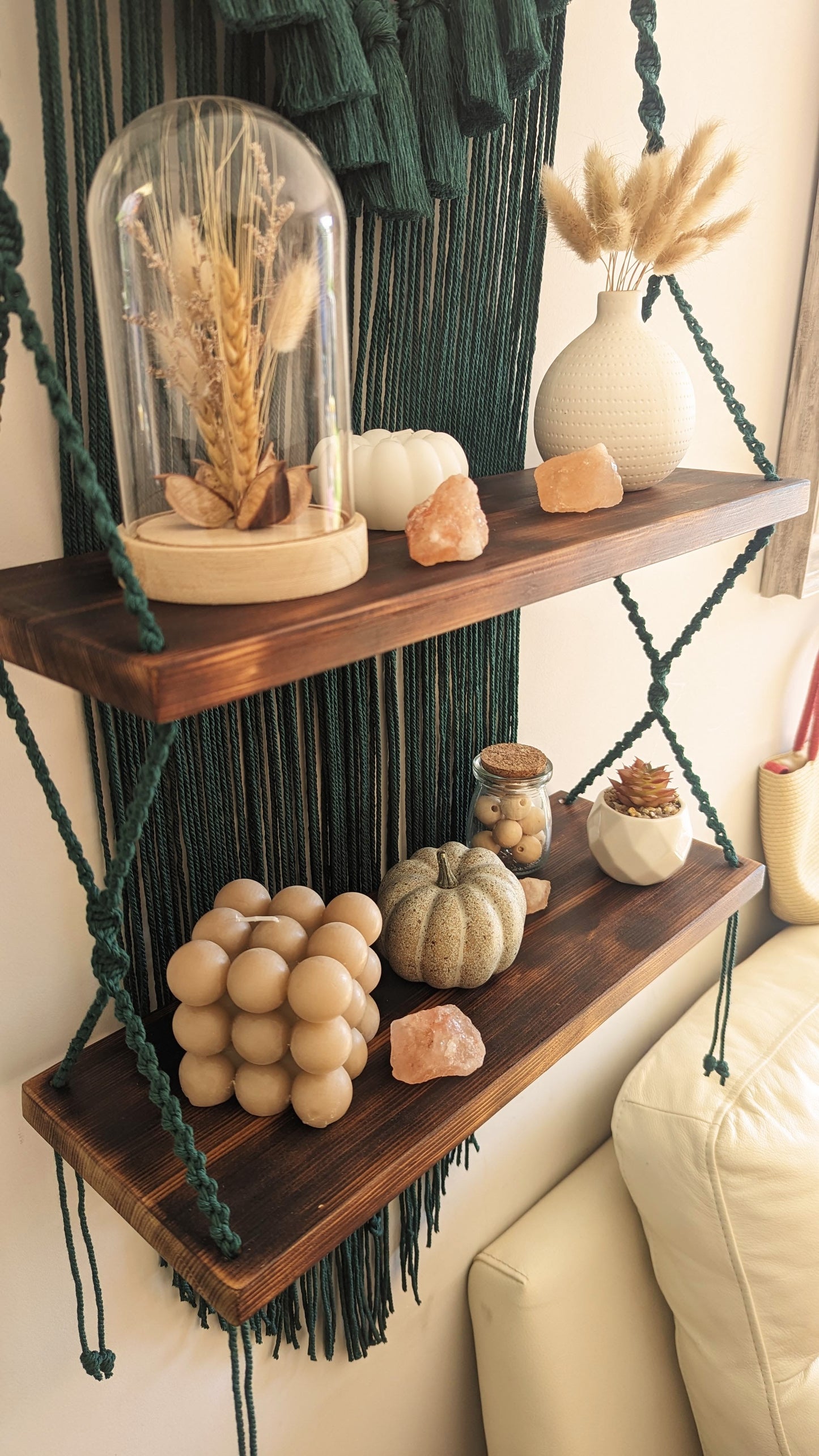 MADE TO ORDER: Green Double Macrame Shelf, Rustic Boho Home Decor