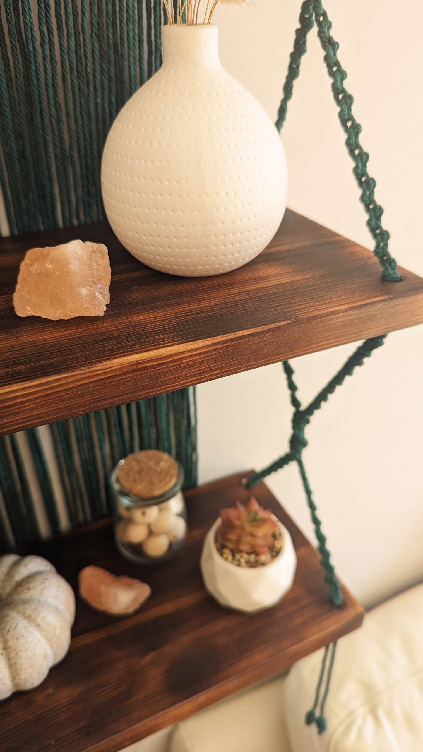 MADE TO ORDER: Green Double Macrame Shelf, Rustic Boho Home Decor