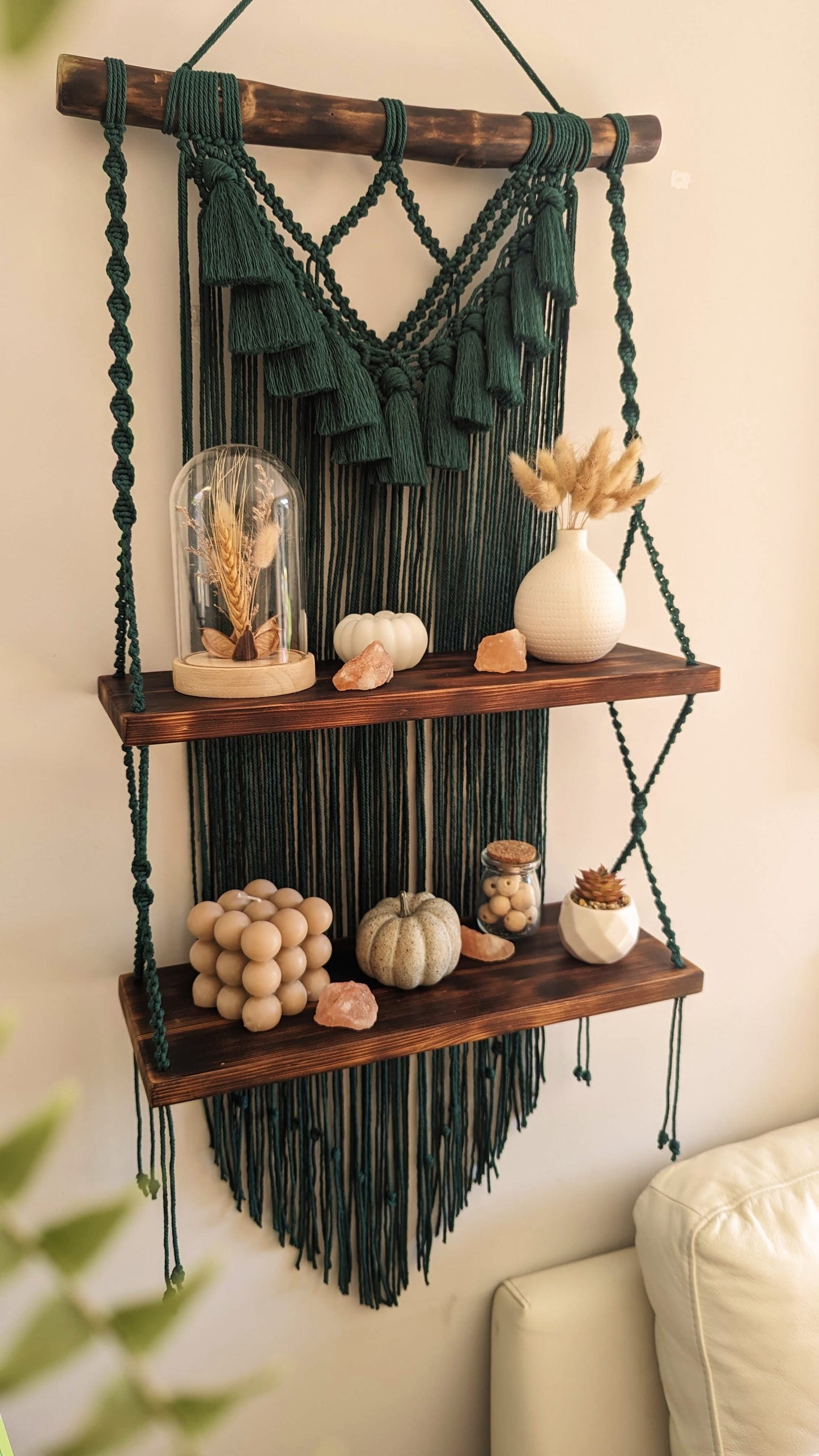 MADE TO ORDER: Green Double Macrame Shelf, Rustic Boho Home Decor