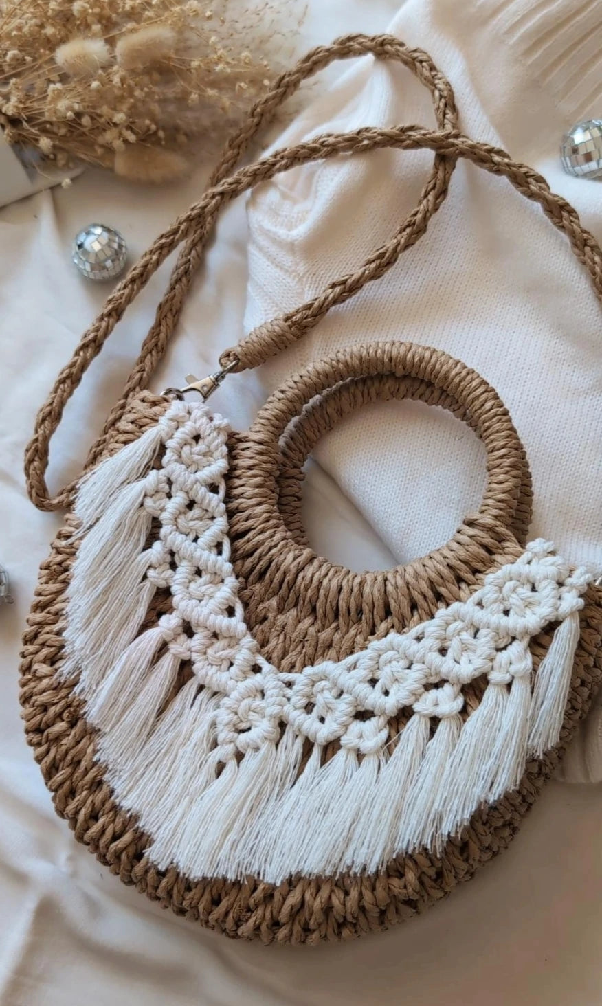 Woven Straw Crossbody Macrame Bag
