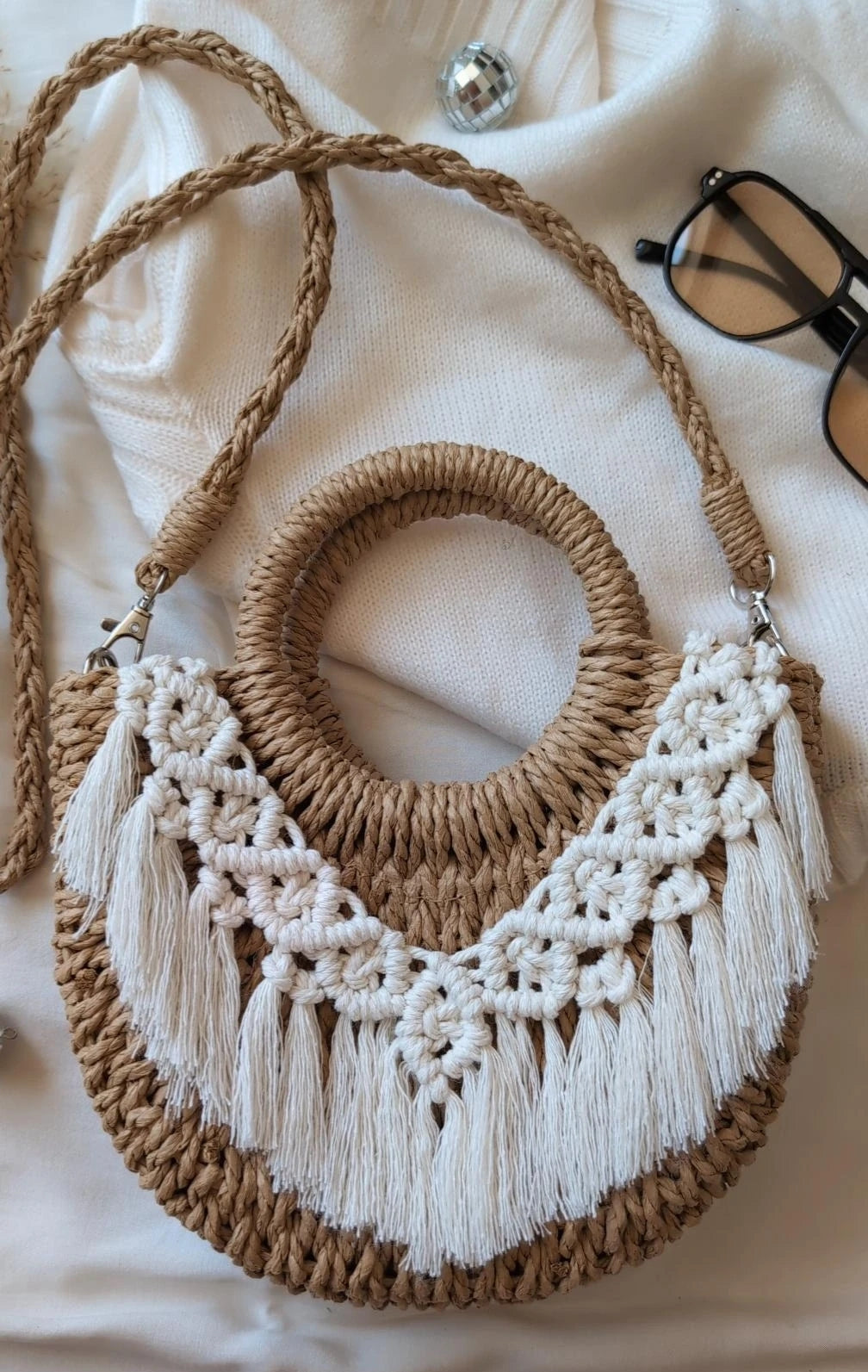 Woven Straw Crossbody Macrame Bag