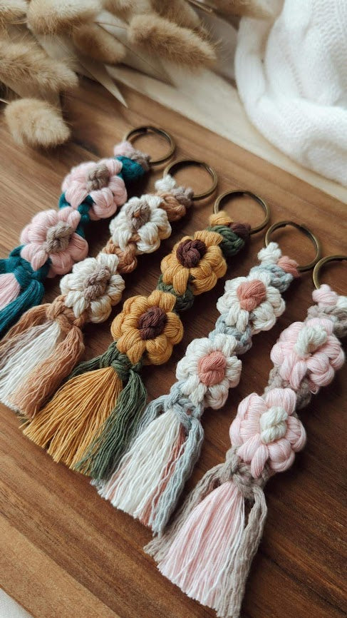 Daisy Macrame Keyrings, Colorful Boho Accessories