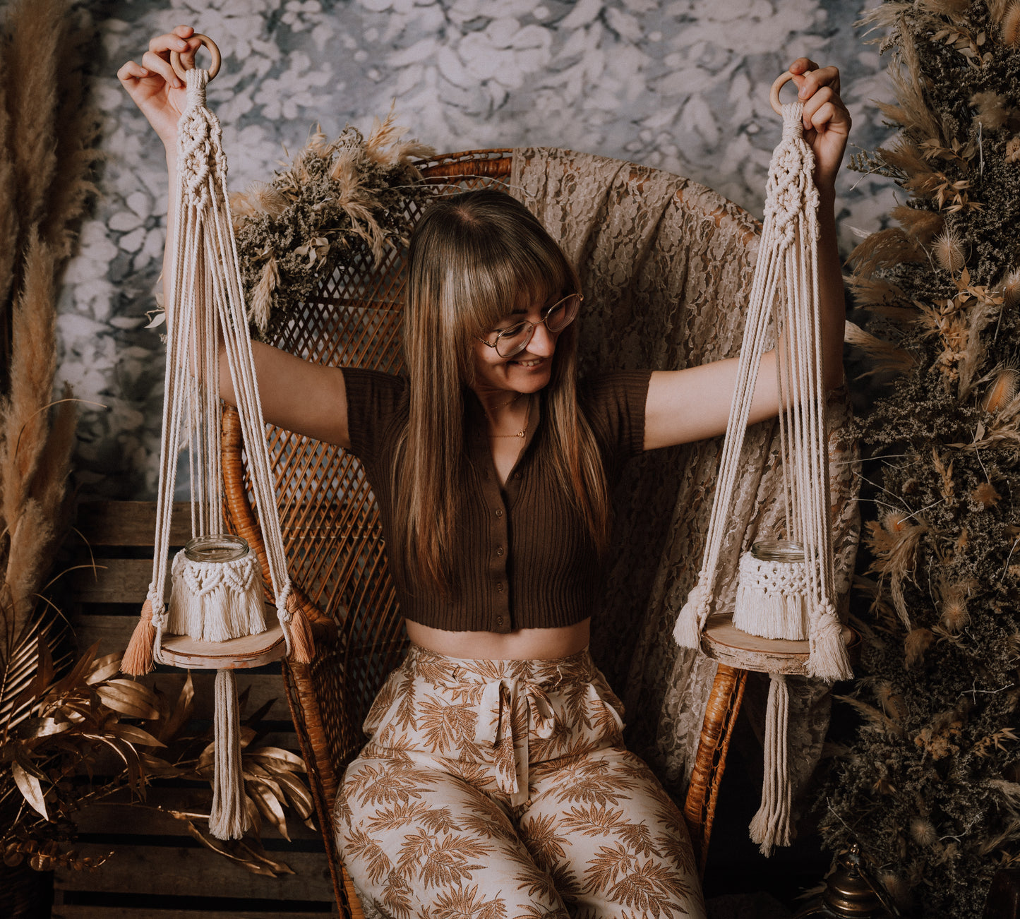 Rustic Macrame Plant Hanger/Free Hanging Shelf