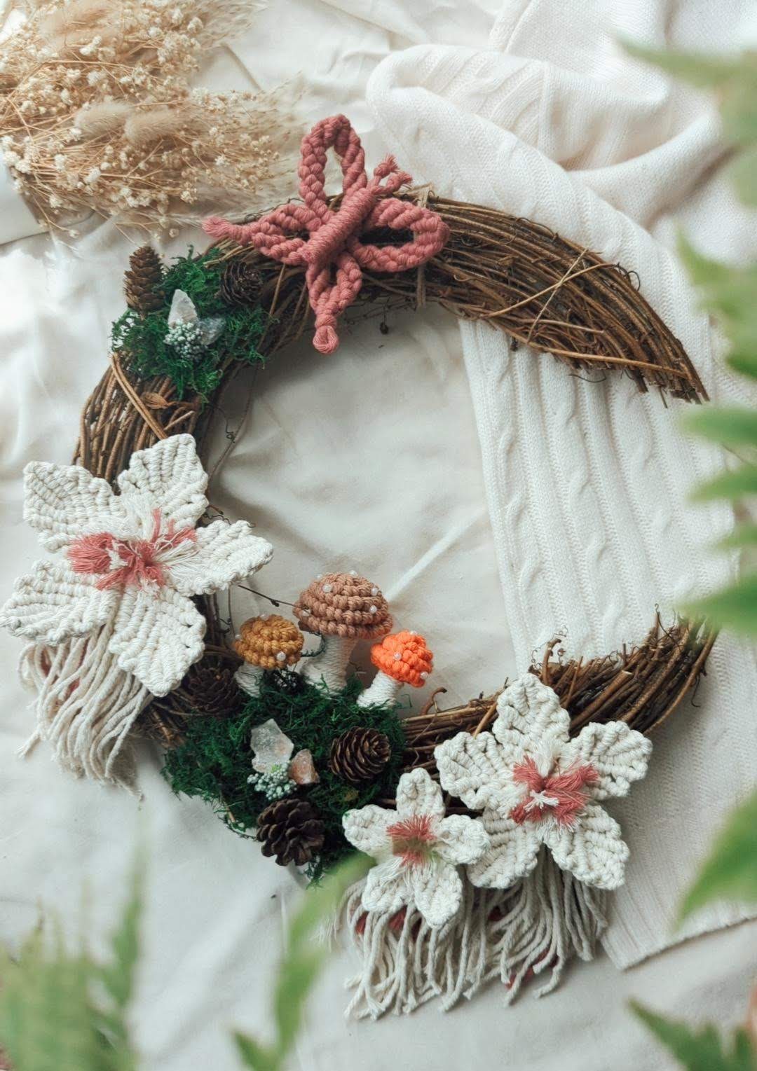 "Woodland Magic" Macrame Moon Wreath Wall Hanging, Rustic Boho Home Decor