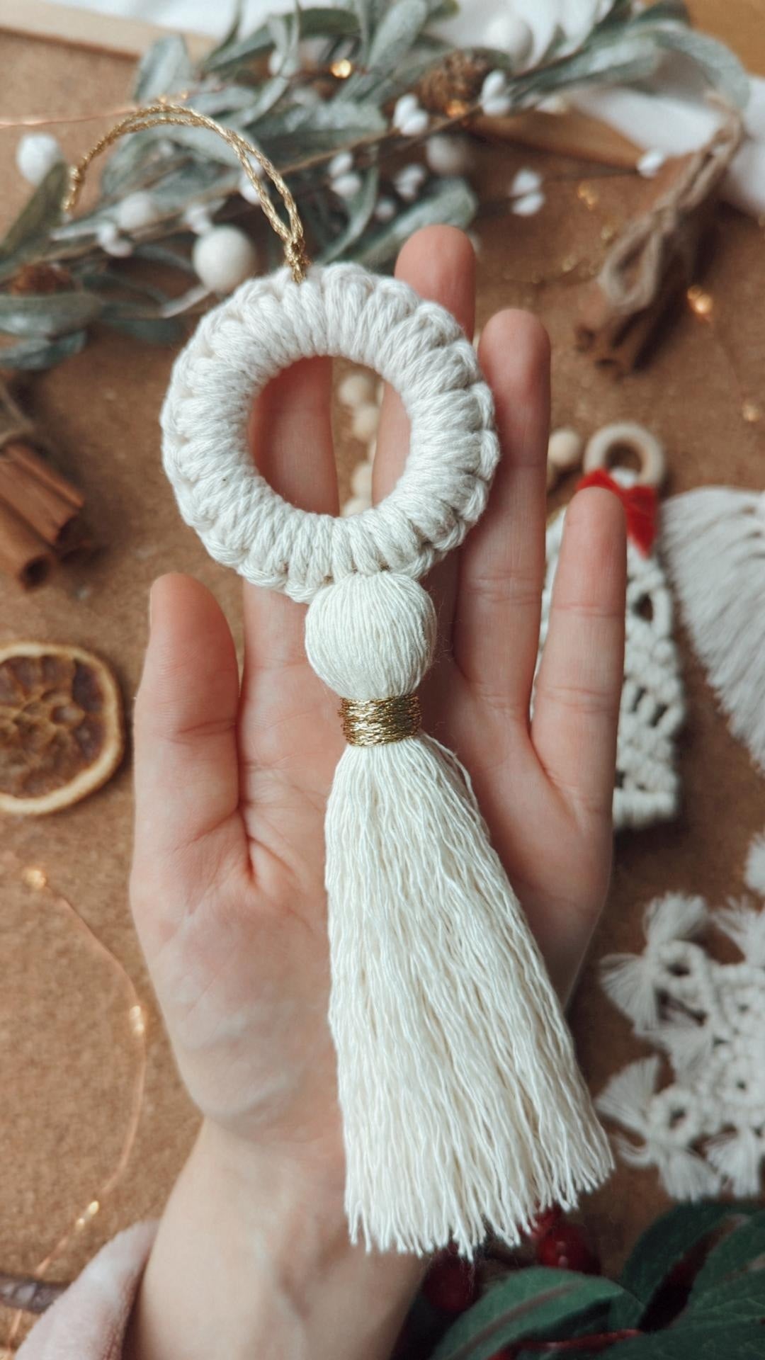 Six Piece Macrame Christmas Ornament Set