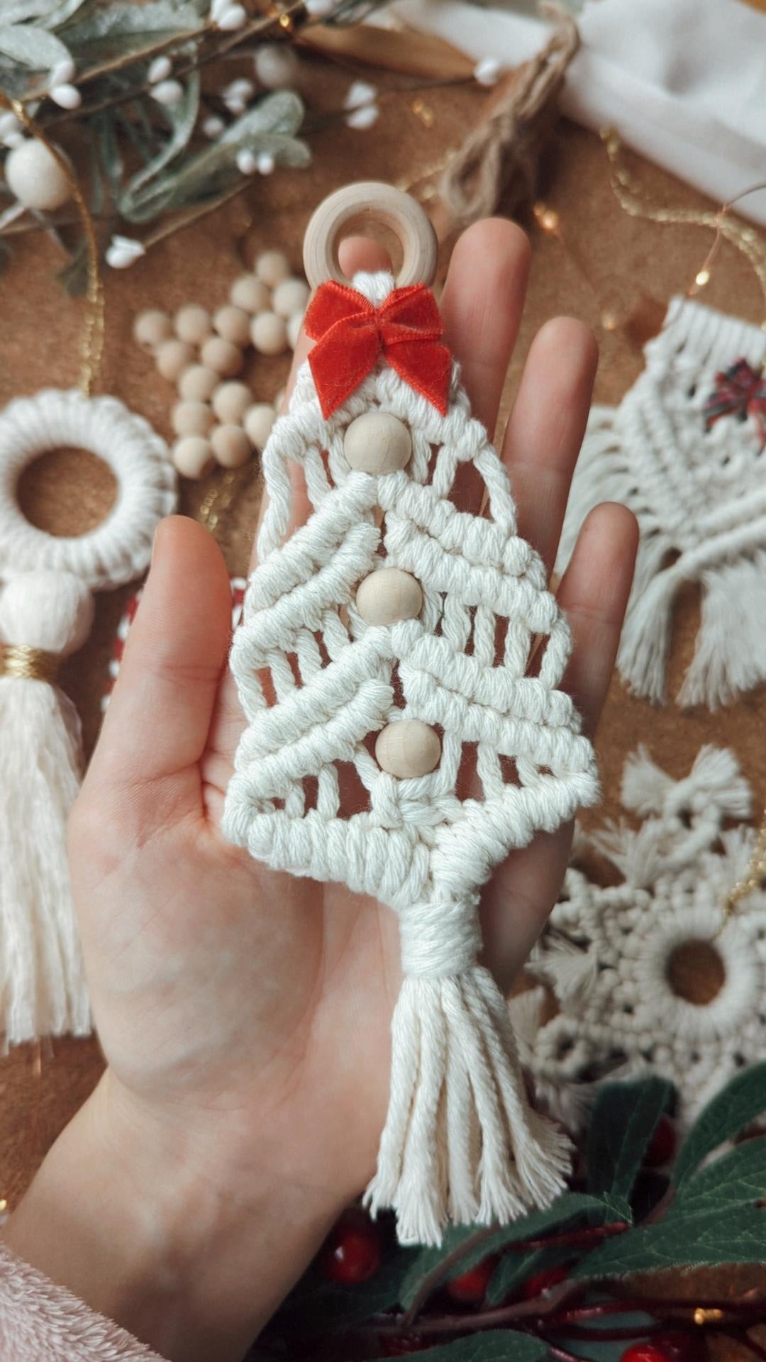 Six Piece Macrame Christmas Ornament Set