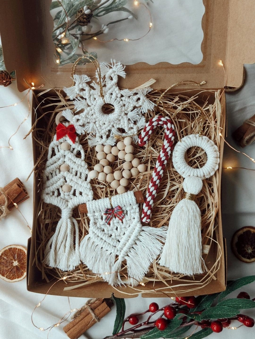 Six Piece Macrame Christmas Ornament Set