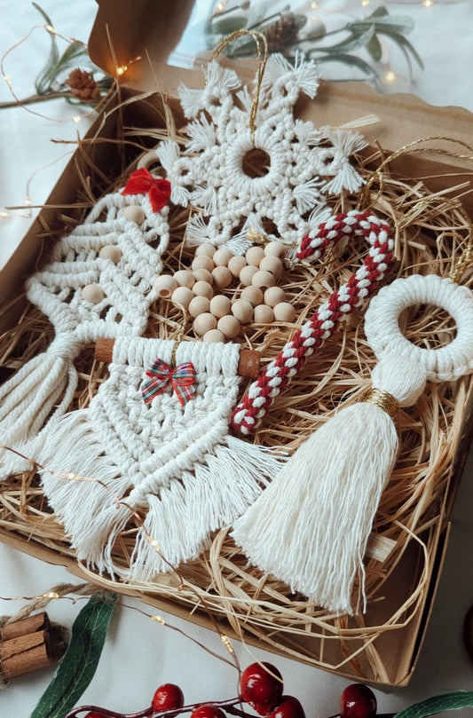 Six Piece Macrame Christmas Ornament Set