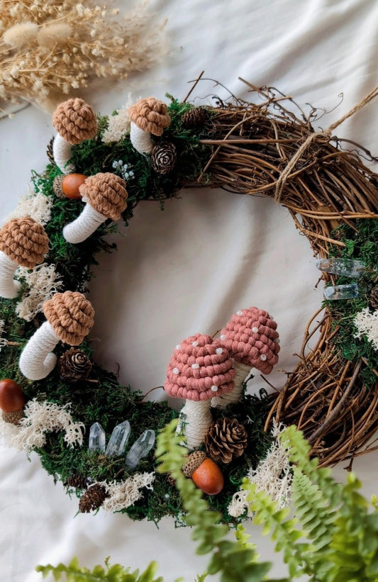 "Magical Woodland" Macrame Mushroom Grapevine Wreath, Rustic Boho Wall Hanging Home Decor