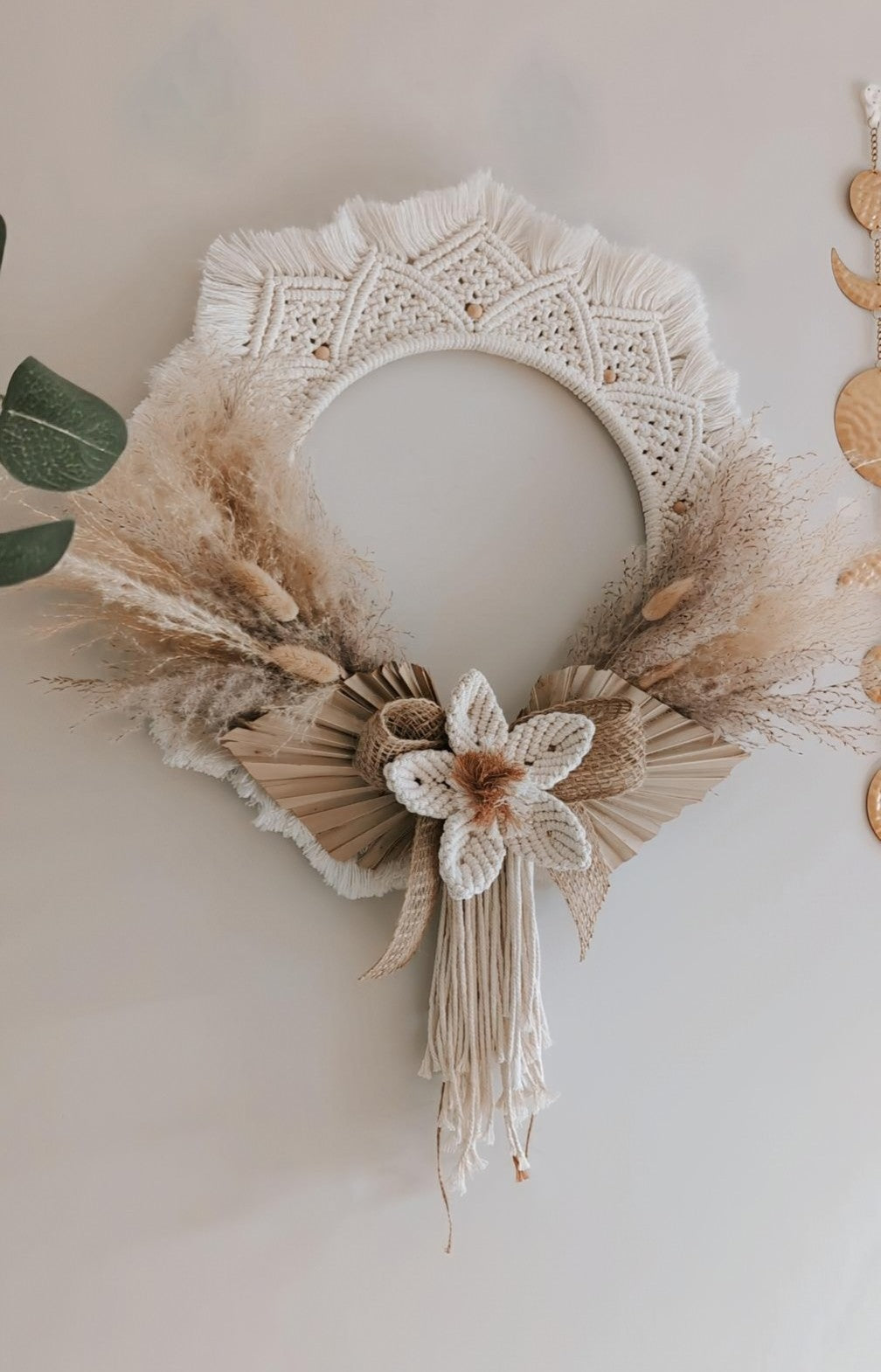 Macrame & Pampas Grass Indoor Wreath, Bohemian Wall Hanging Home Decor