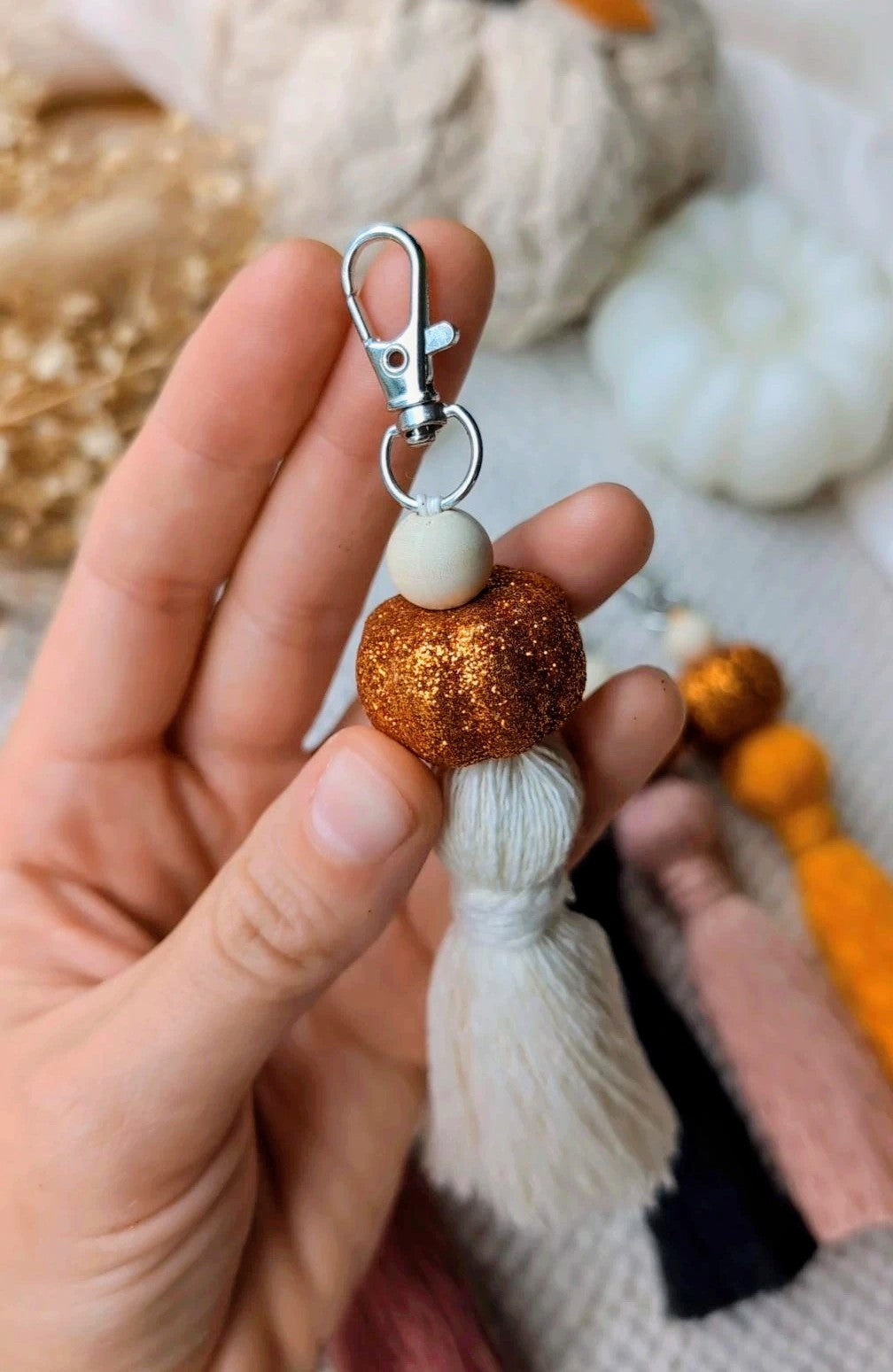 Sparkly pumpkin keyring, keychain, macrame tassels cute autumn accessory