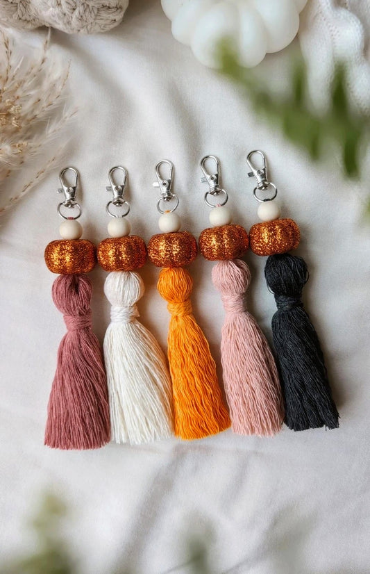 Sparkly pumpkin keyring, keychain, macrame tassels cute autumn accessory