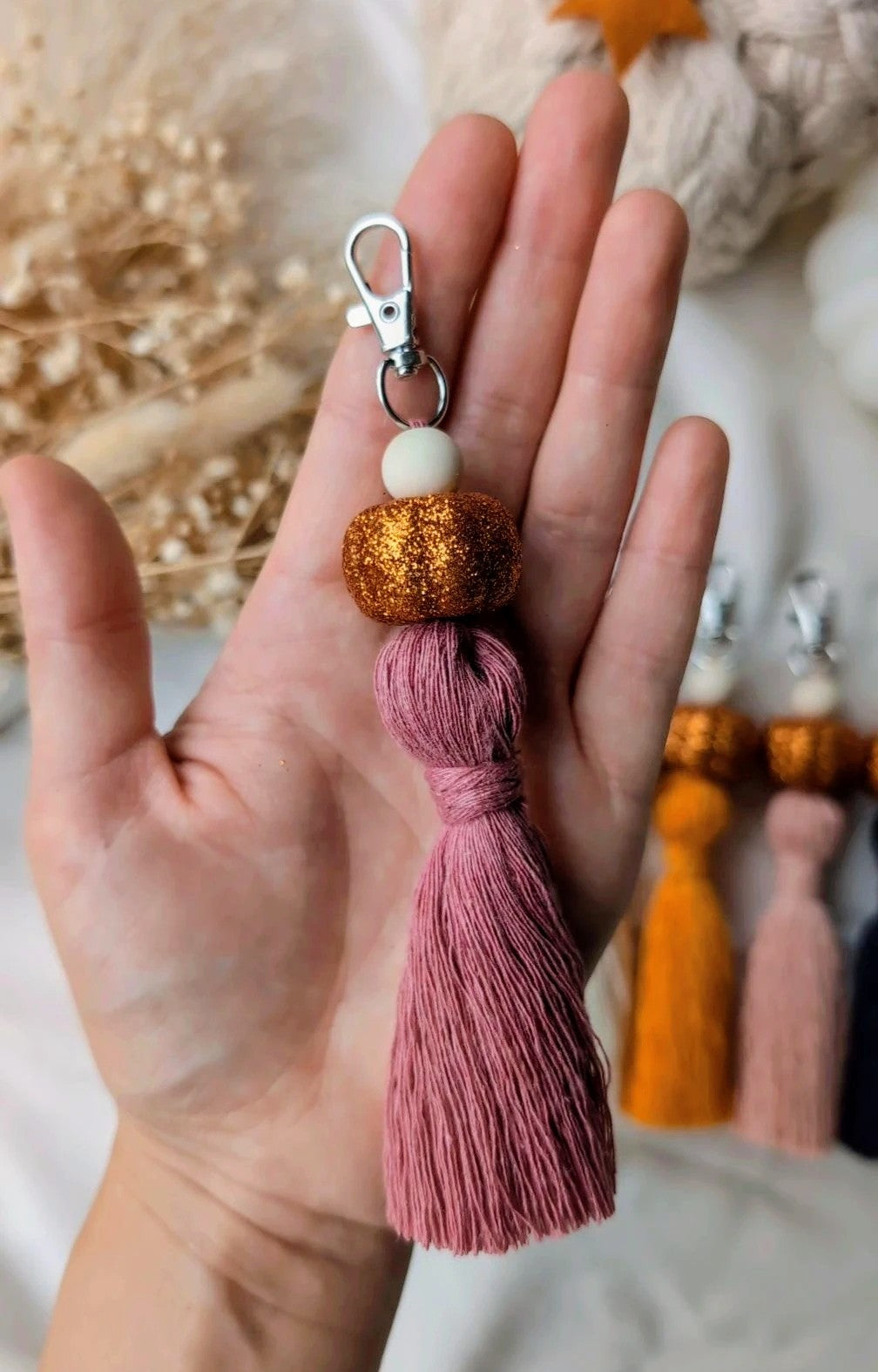 Sparkly pumpkin keyring, keychain, macrame tassels cute autumn accessory