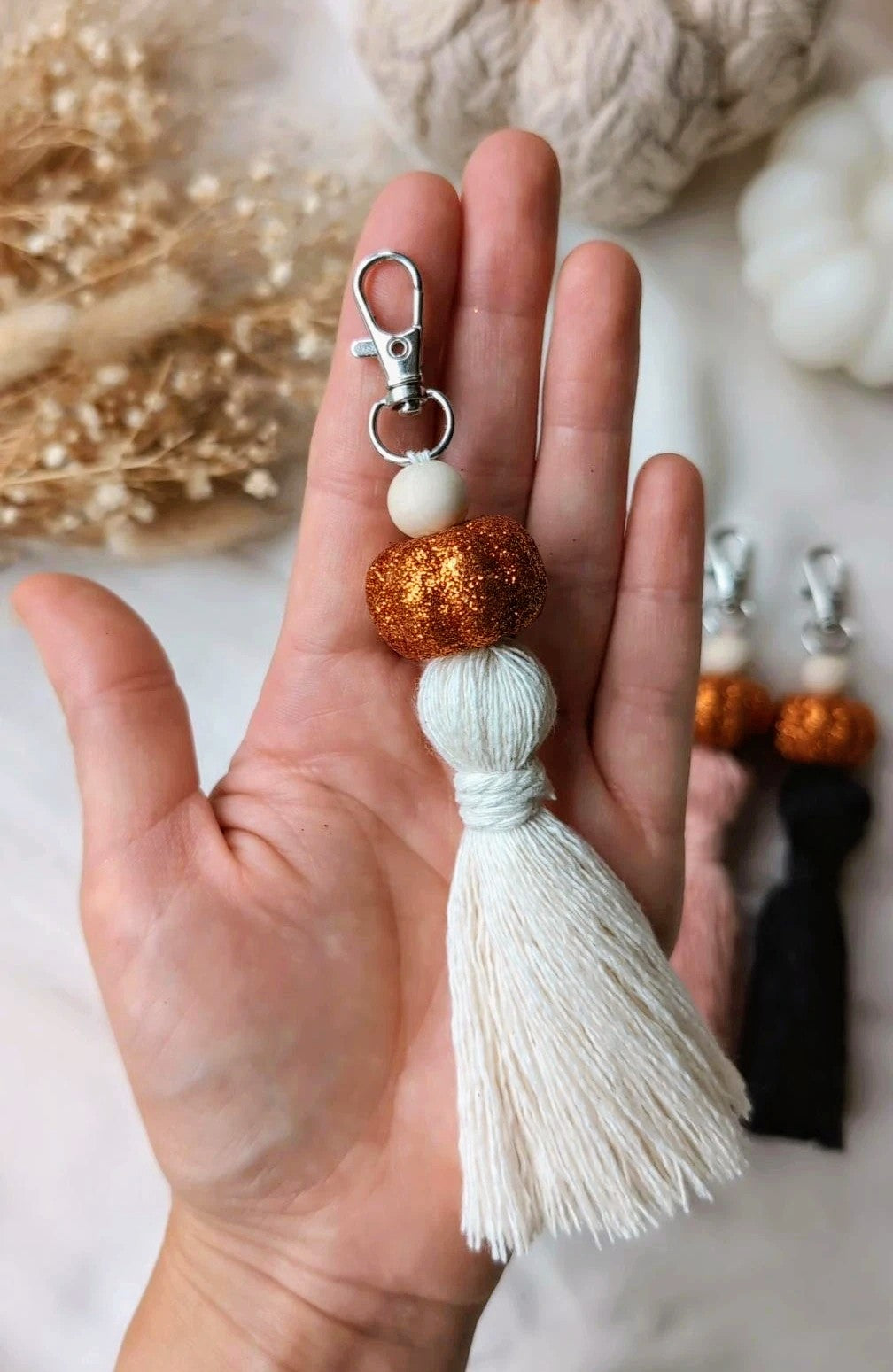 Sparkly pumpkin keyring, keychain, macrame tassels cute autumn accessory