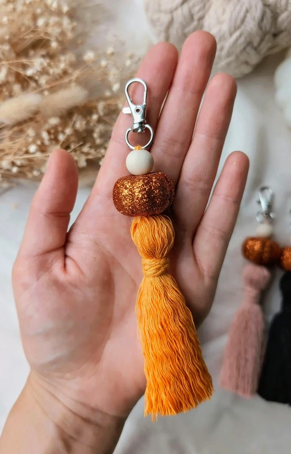 Sparkly pumpkin keyring, keychain, macrame tassels cute autumn accessory