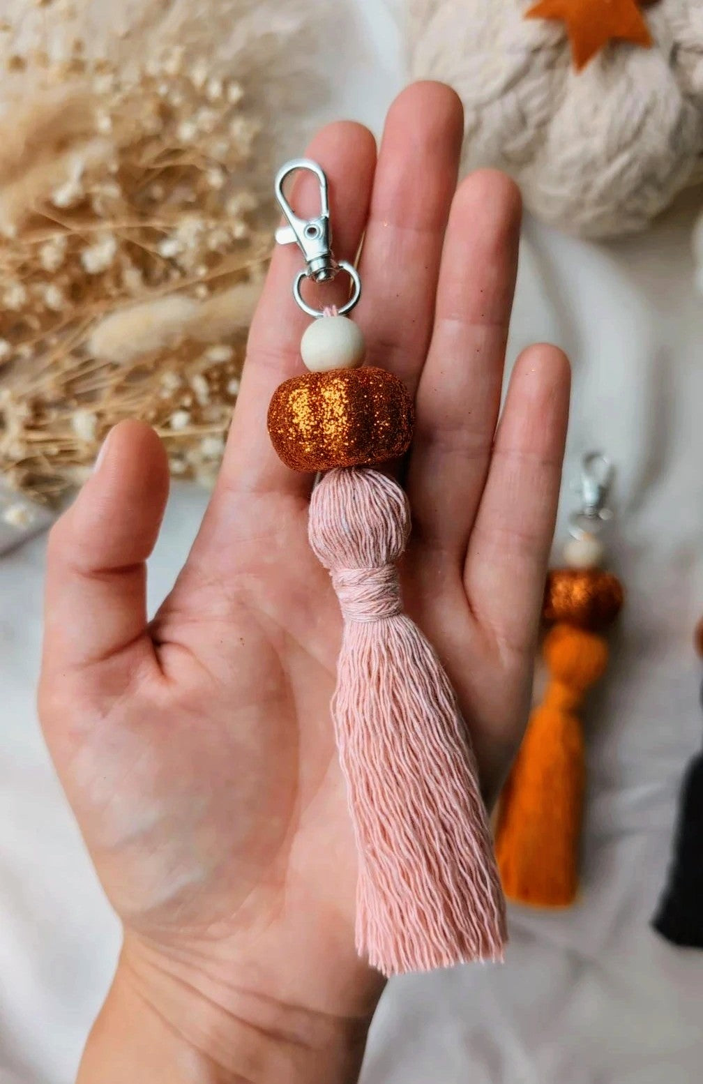 Sparkly pumpkin keyring, keychain, macrame tassels cute autumn accessory