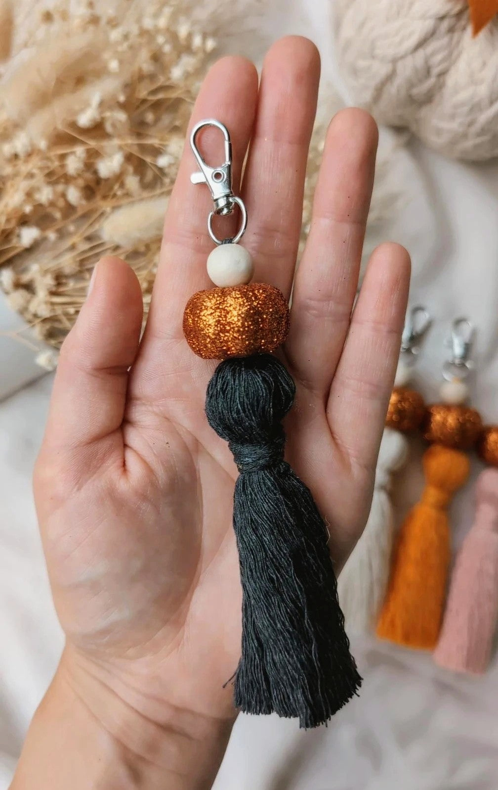 Sparkly pumpkin keyring, keychain, macrame tassels cute autumn accessory