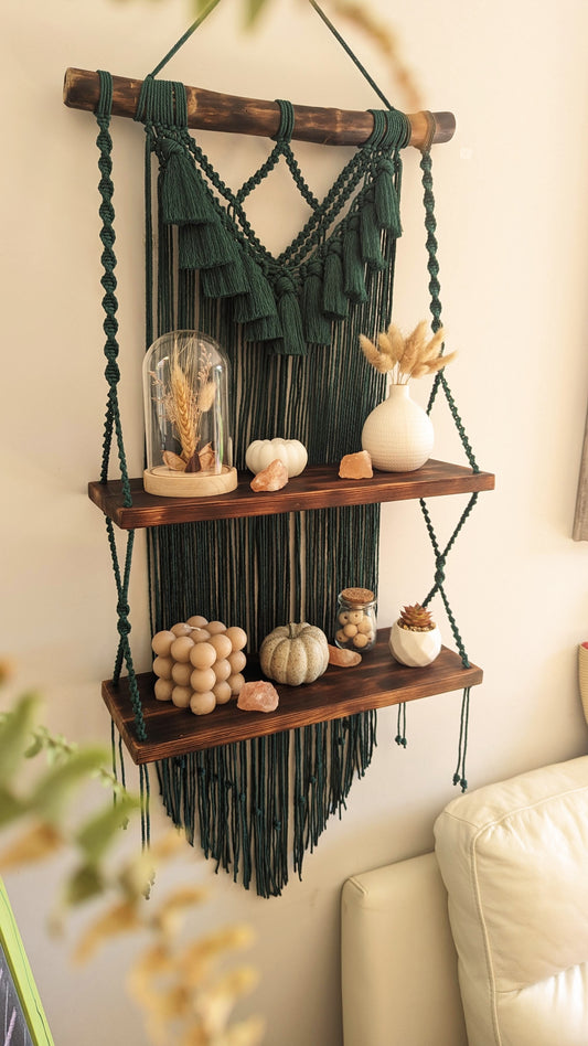 MADE TO ORDER: Green Double Macrame Shelf, Rustic Boho Home Decor