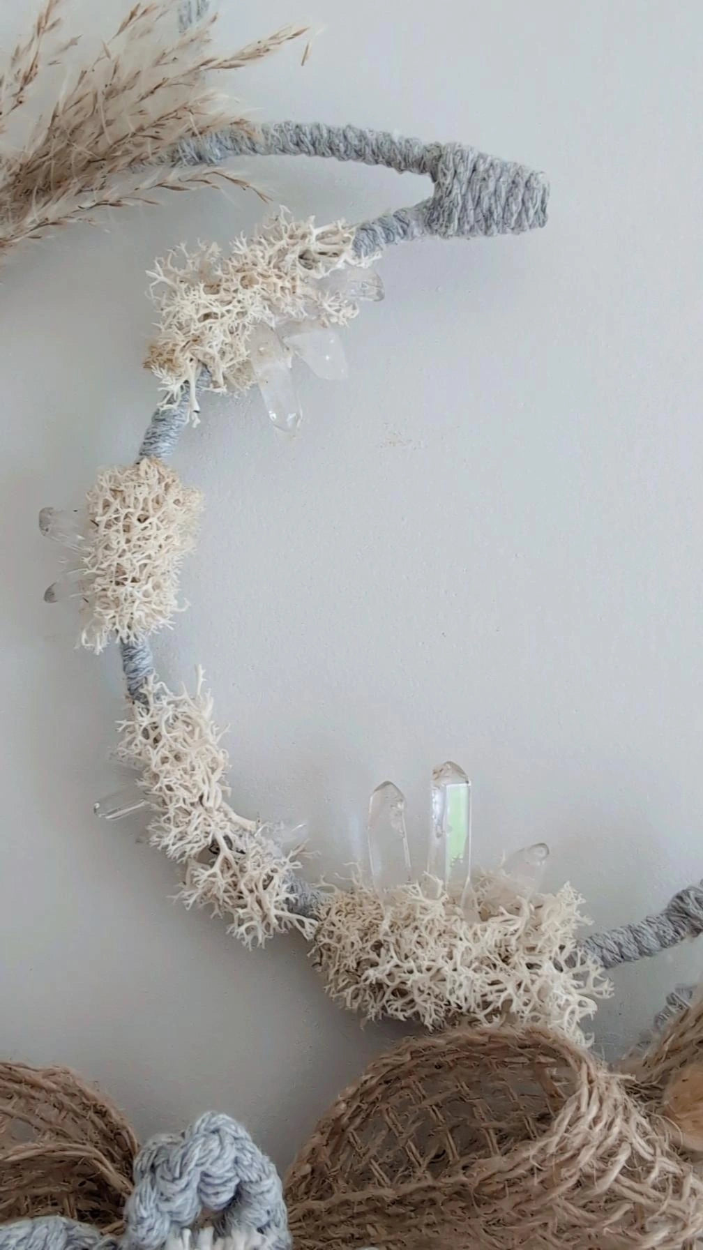 Pampas Grass Macrame Moon Dreamcatcher With Crystals, Moon Catcher, Boho Bohemian Wall Hanging Home Decor