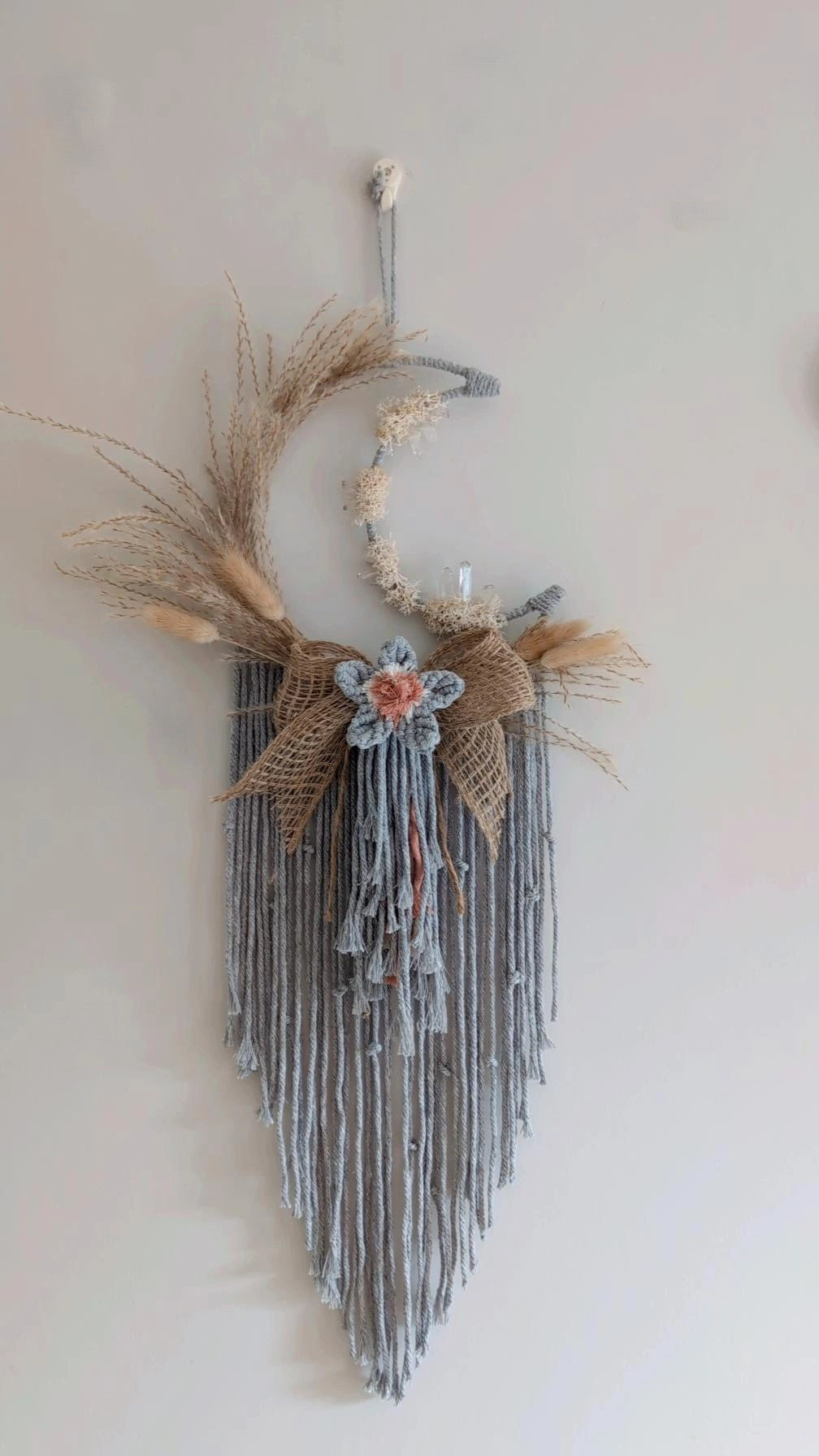 Pampas Grass Macrame Moon Dreamcatcher With Crystals, Moon Catcher, Boho Bohemian Wall Hanging Home Decor