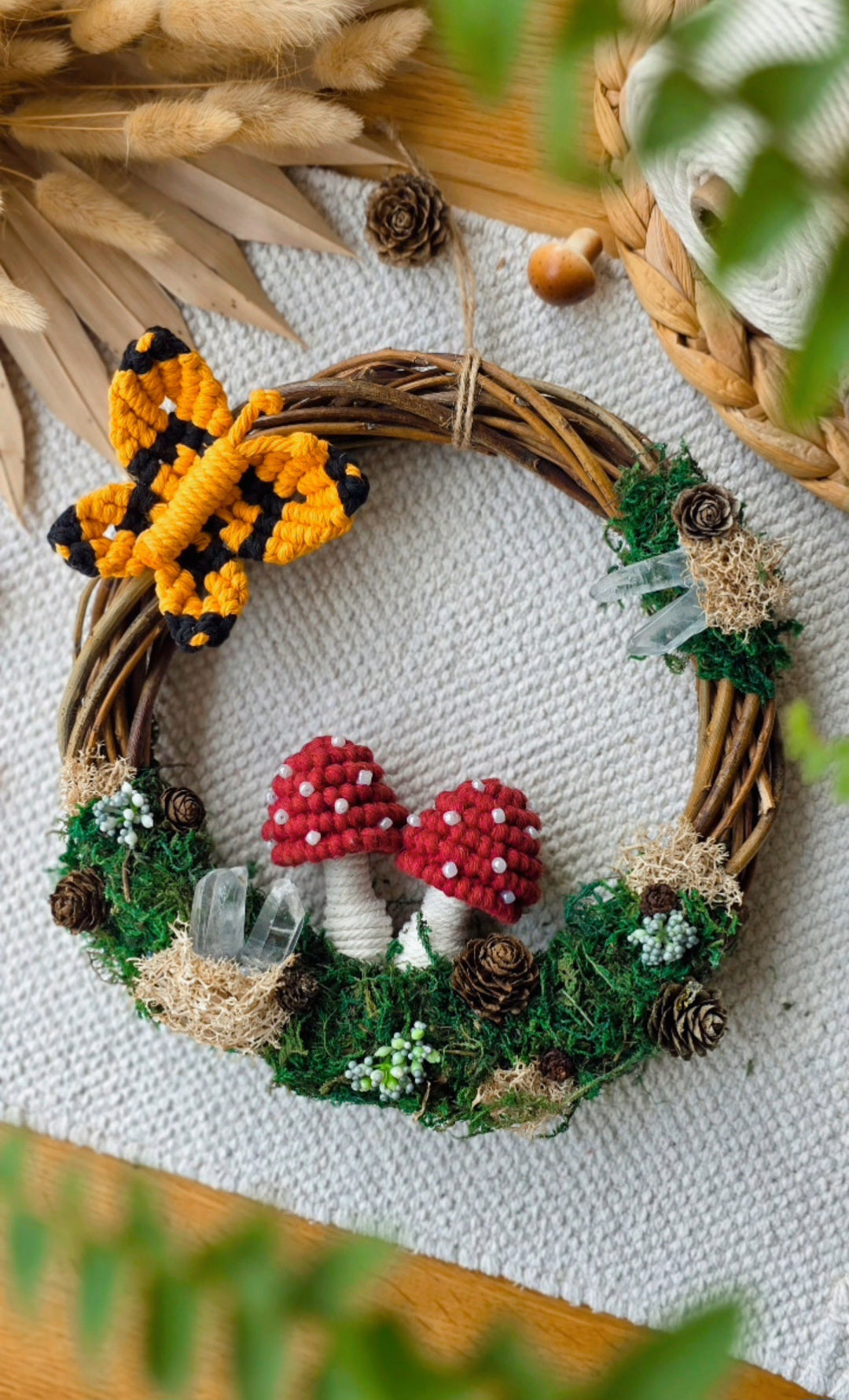 Mossy Macrame Mushroom Wreath 🍄🦋