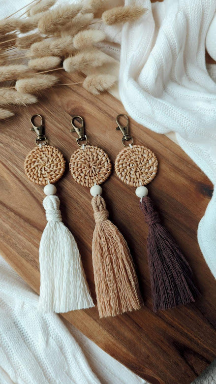 Rattan Macrame Tassel Keyrings, Cute Boho Accessories