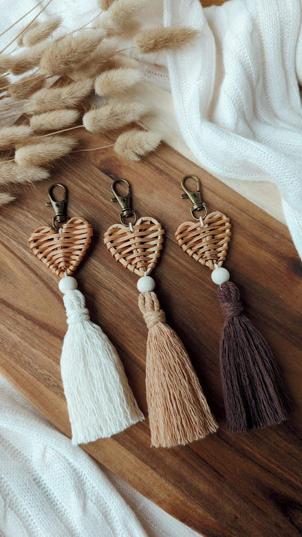 Rattan Macrame Tassel Keyrings, Cute Boho Accessories