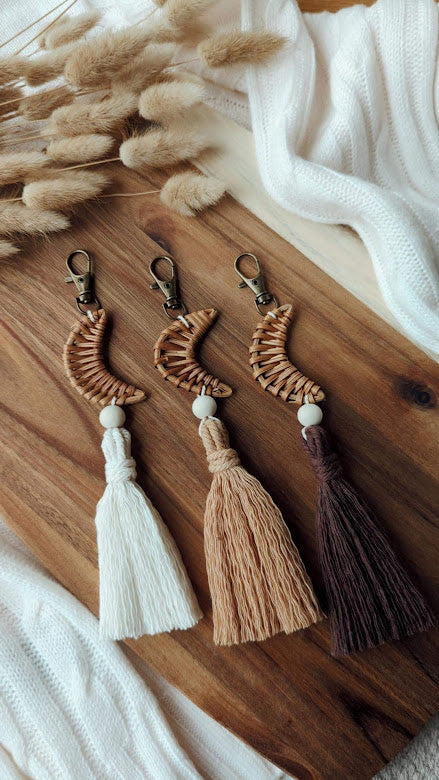 Rattan Macrame Tassel Keyrings, Cute Boho Accessories