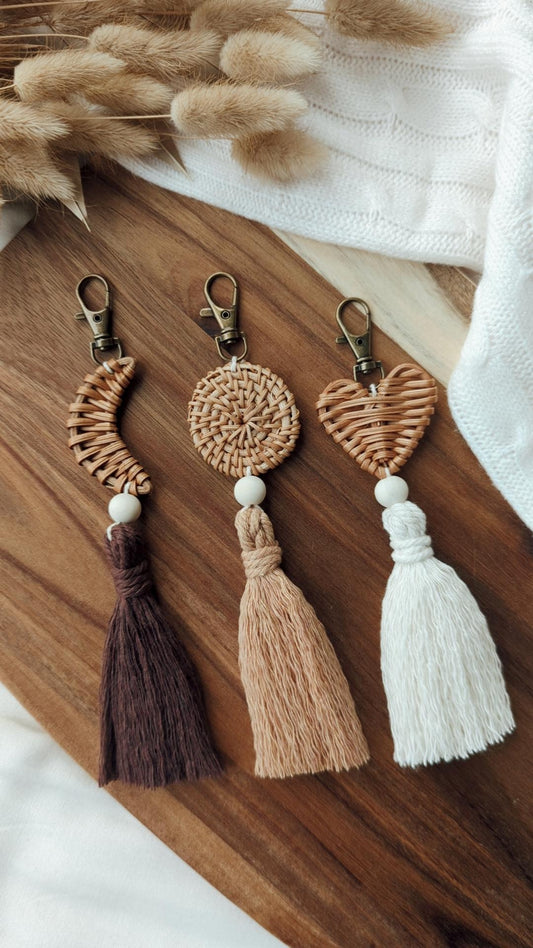 Rattan Macrame Tassel Keyrings, Cute Boho Accessories