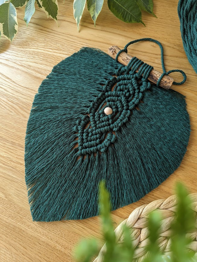 Green Macrame Leaf, Feather Wall Hanging, Home Decor